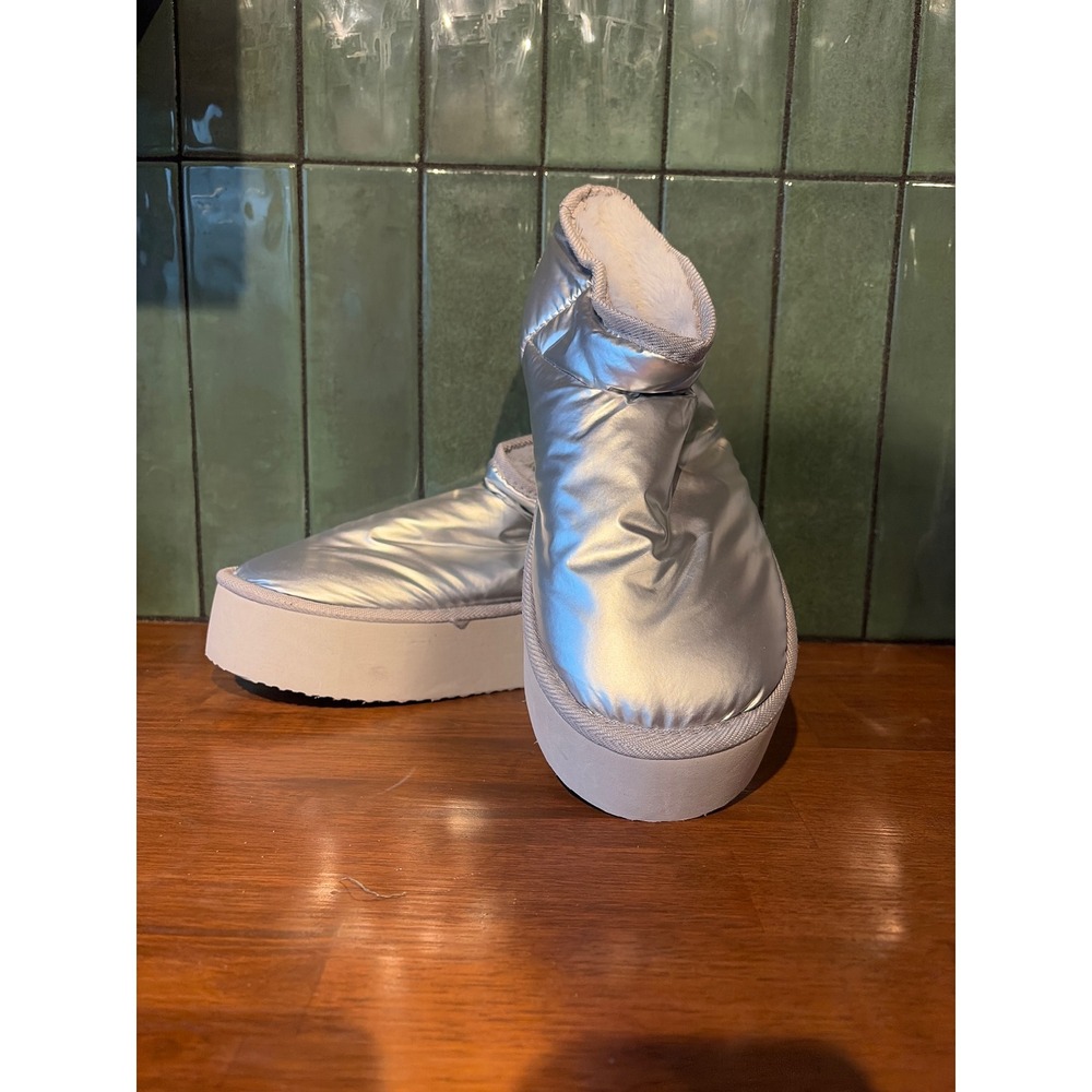 Metallic Silver Puffer Platform Boots Faux Fur Lined Ankle Booties Grey XL 11/12